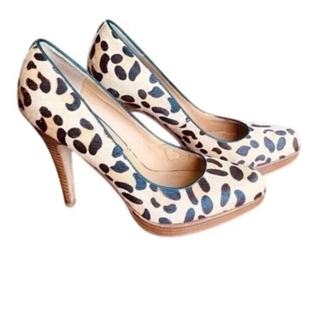 STEVEN by Steve Madden LeMore Leopard Print Calf Hair Heels Wood Platform Size 8